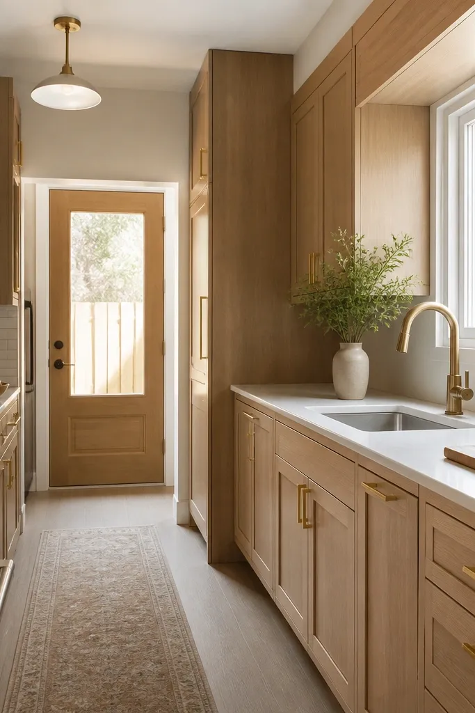 Small-space white oak kitchen cabinets with gold hardware
